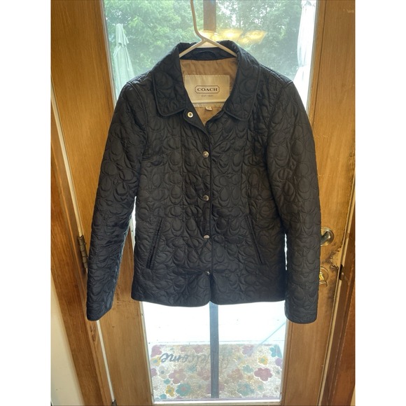 Coach Signature Quilted Black Jacket Women's Size S Nylon Logo Button‎ Up - Picture 1 of 8